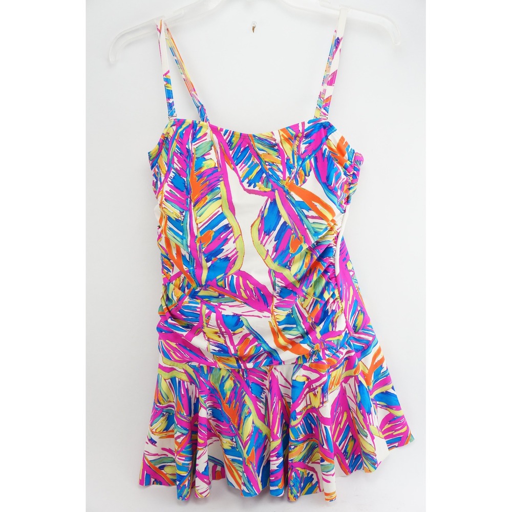 Venus Swim Dress 10 Tropical Leaf Print Skirted Ruched One Piece Bandau EUC
